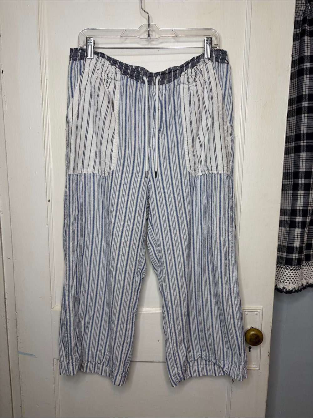 Linen Blend Wide Leg Pants Lagenlook Coastal Multi Stripe Pull On Cropped Pant L